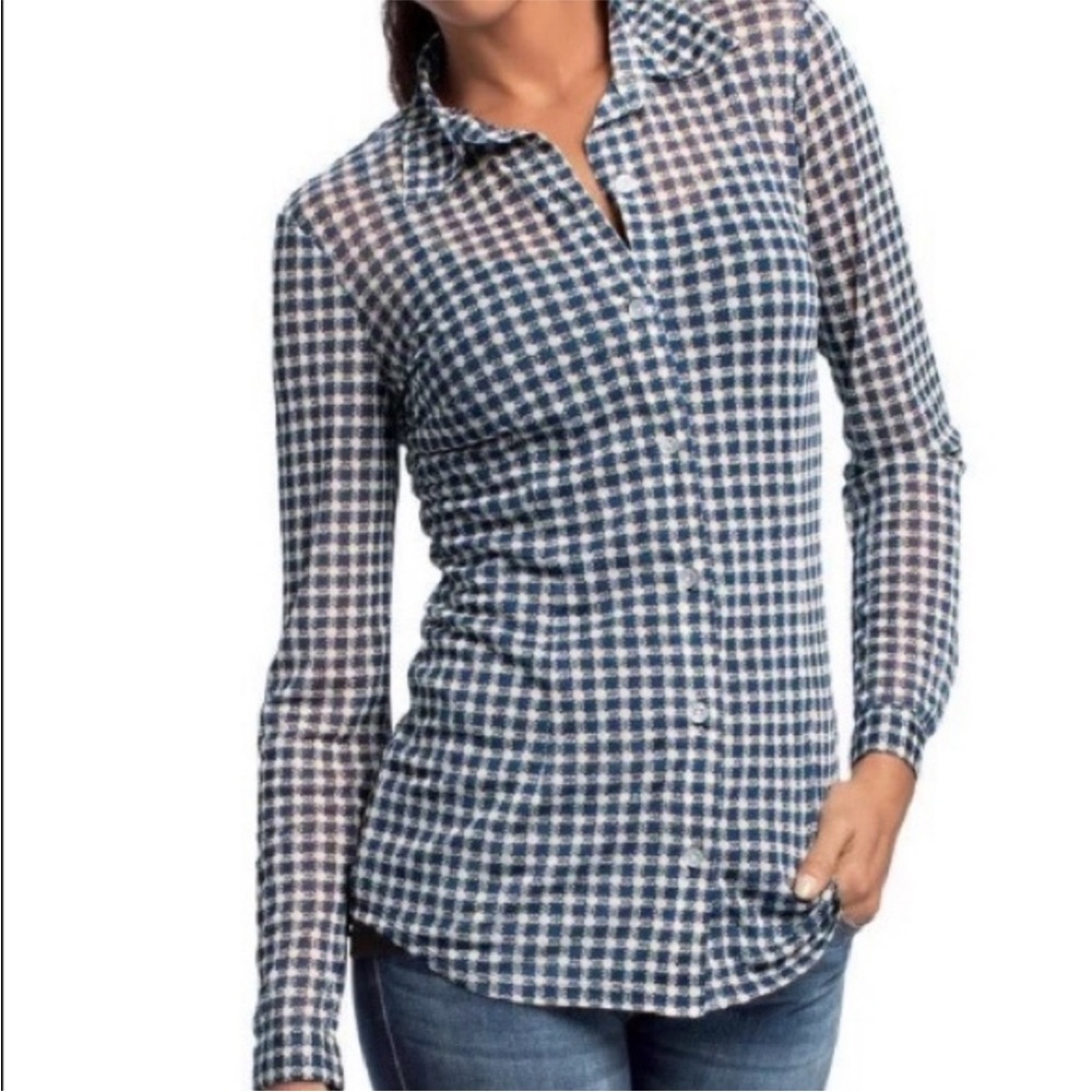 🛍️Blue CAbi mesh sheer checked blouse Size M🛍️